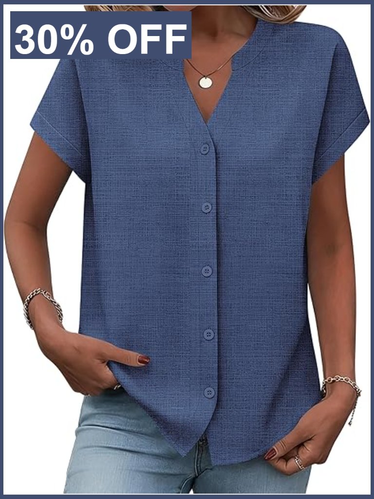Short Sleeve Button Down Shirt V Neck Blouse Business Casual Tops